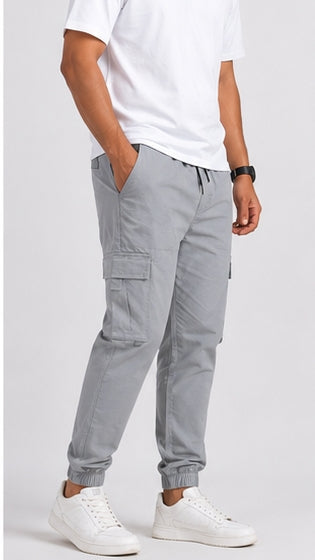 Light Grey Cargo Joggers for Men – Slim Fit Multi-Pocket Casual Streetwear Pants